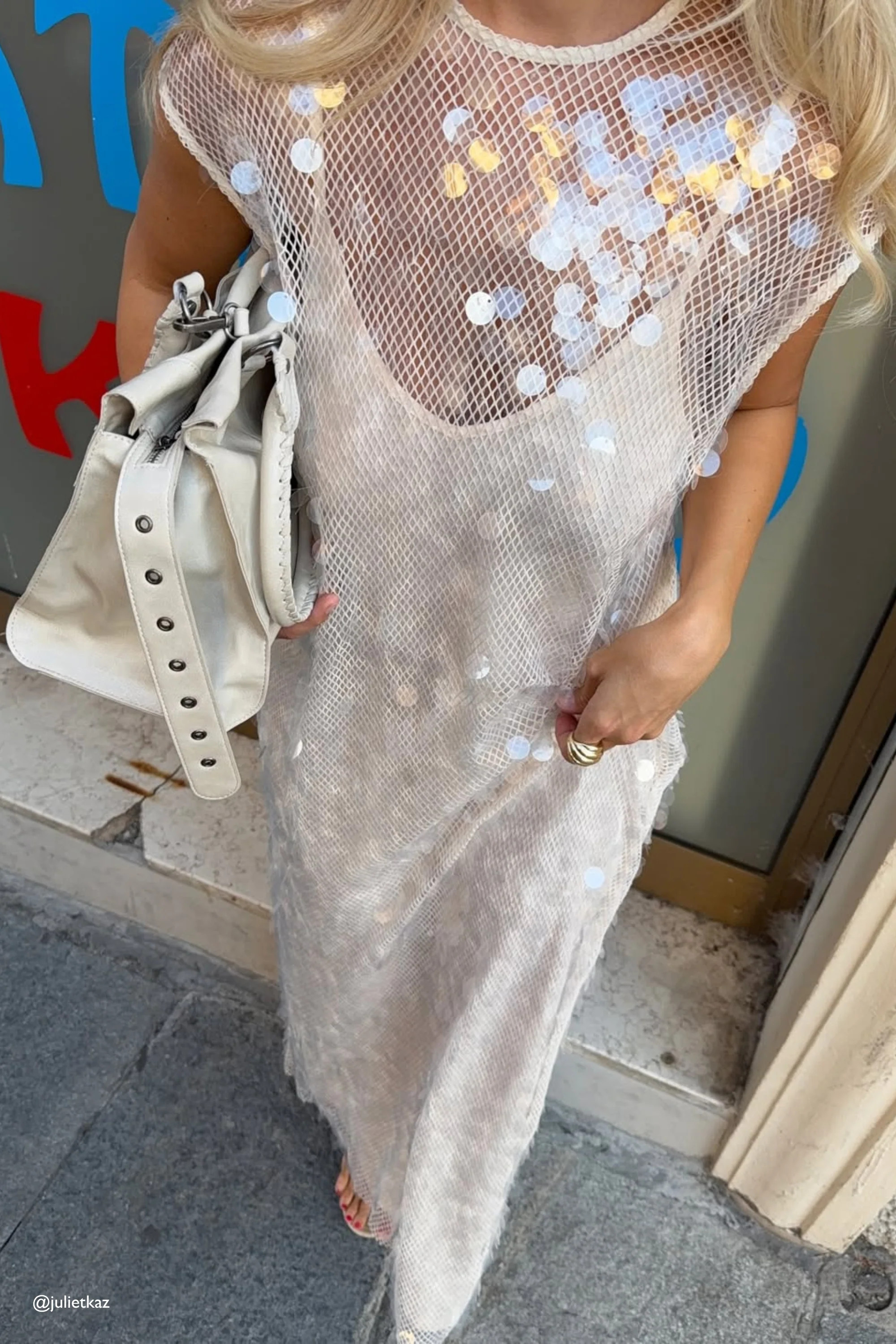 Astrid Sequin Maxi Dress Cream | VRG Grl