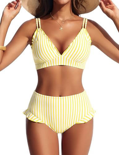 Hanna Nikole Women's Bikini Sets Two Piece Swimsuit High Waisted V Neck Adjustable Straps Bathing Suit Yellow White Striped XL | Amazon (US)