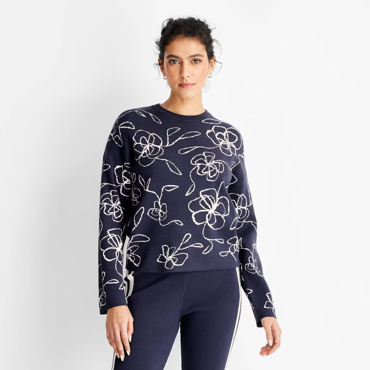 Women's Crewneck Sweater - Future Collective Navy Blue Floral M | Target