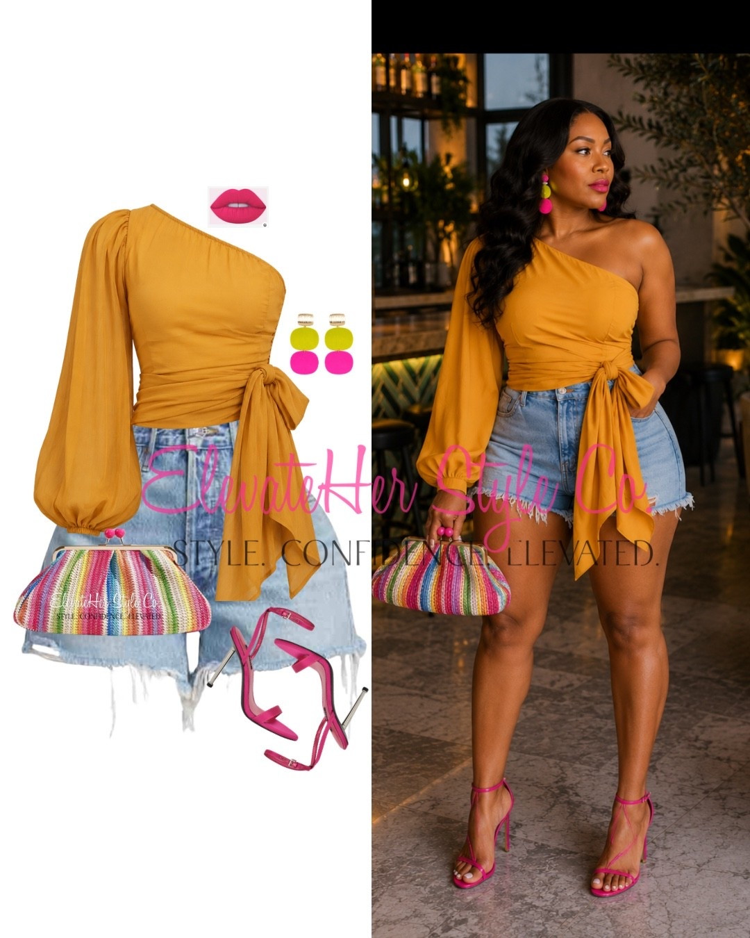Mustard is a warm-toned dream on deep and brown skin, it pulls the gold out of your complexion and makes you glow. The one-shoulder cut shows off your shoulder and the tie waist keeps you cinched and defined. Denim cutoffs keep it easy so it reads date night, not too dressy. Then the hot pink heels and earrings against the mustard are that bold, unexpected pop, with the striped raffia clutch pulling both colors together.

#LTKootd #LTKTravel #LTKWedding