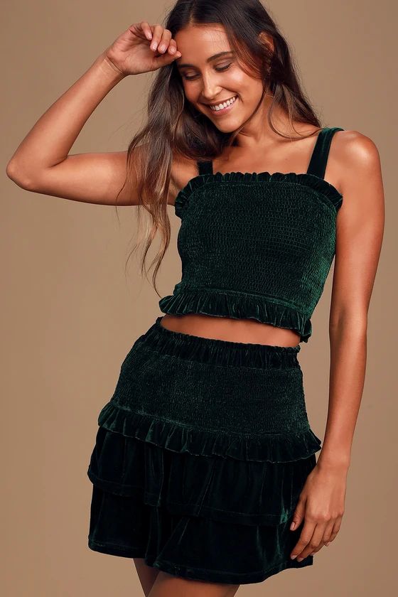 Soft Whisper Forest Green Velvet Smocked Ruffled Mini Skirt | Lulus (US)