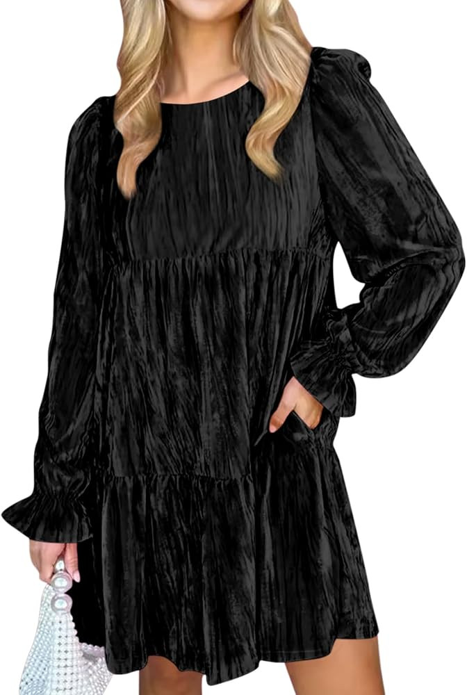 Naggoo Womens Fall Puff Long Sleeve Dresses Babydoll Textured Velvet Dress with Pockets | Amazon (US)