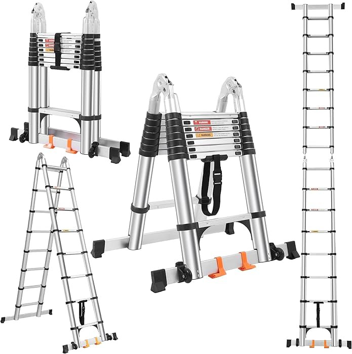 Telescoping Ladder A Frame 16.5 FT,Aluminum Extension Ladder with Balance Bar,Wheels and 2 Triang... | Amazon (US)