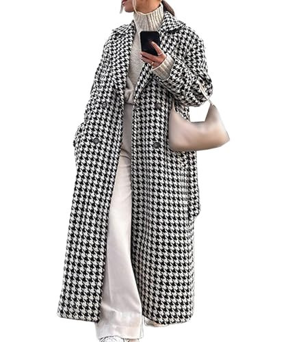 SOMTHRON Women's Houndstooth Trench Coat Double Breasted Notch Lapel Jacket Pea Coat Winter Long Overcoat with Belt BL-M | Amazon (US)