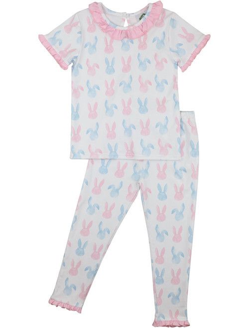 Pink And Blue Bunny Print Knit Pajamas | Cecil and Lou