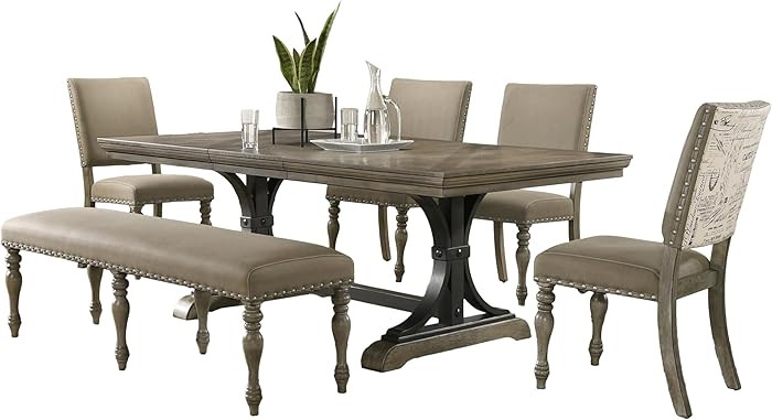 Roundhill Furniture Birmingham 6-Piece Dining Set: Extendable Table with 4 Chairs and a Nailhead ... | Amazon (US)