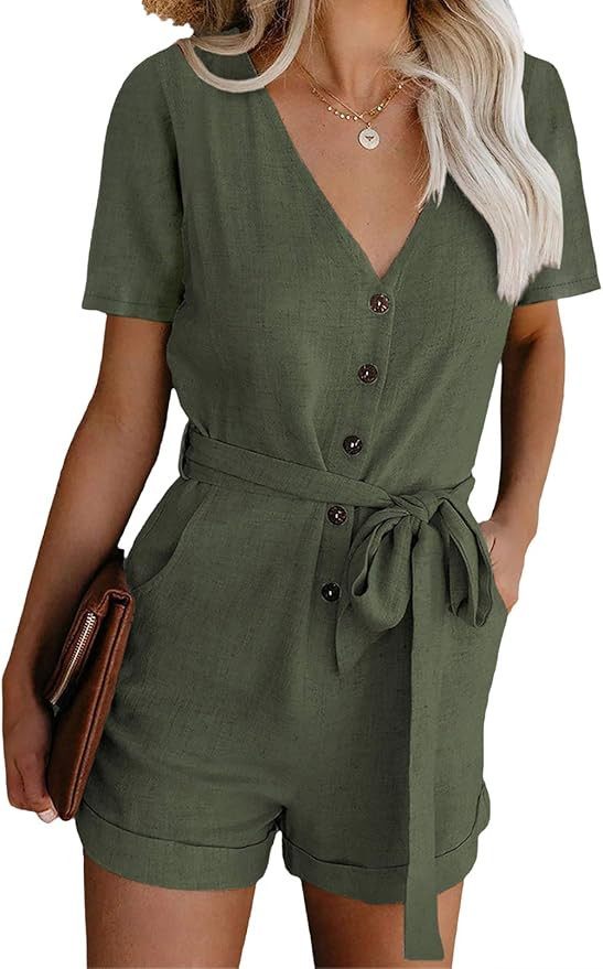 Dokotoo Womens Casual Summer Short Sleeve Pocketed V Neck Front Button Down Linen Short Rompers a... | Amazon (US)