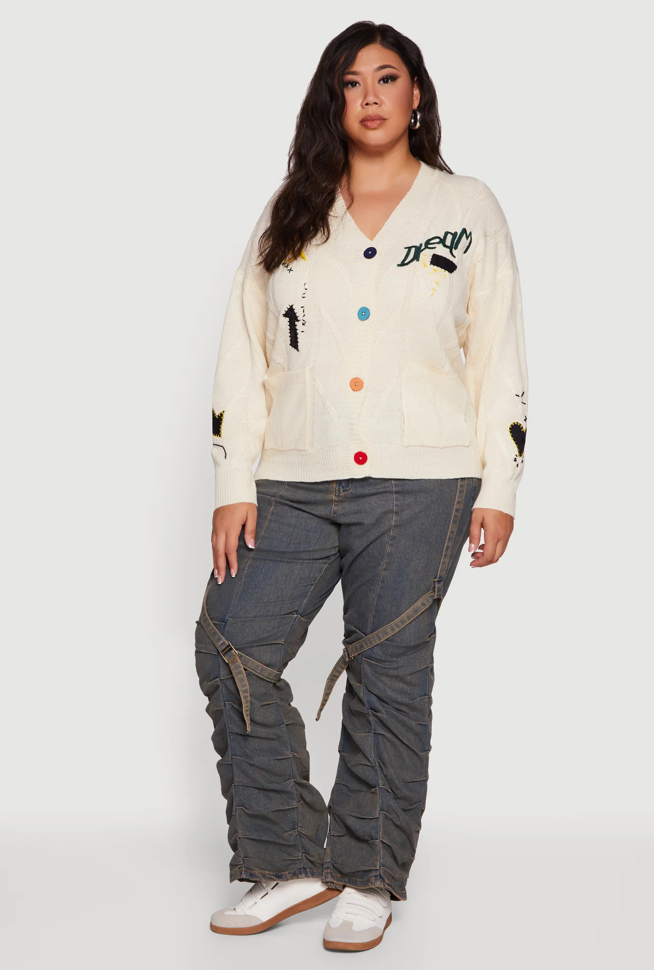 Plus Size Embroidered Patch Button Front Cardigan | Rainbow Shops