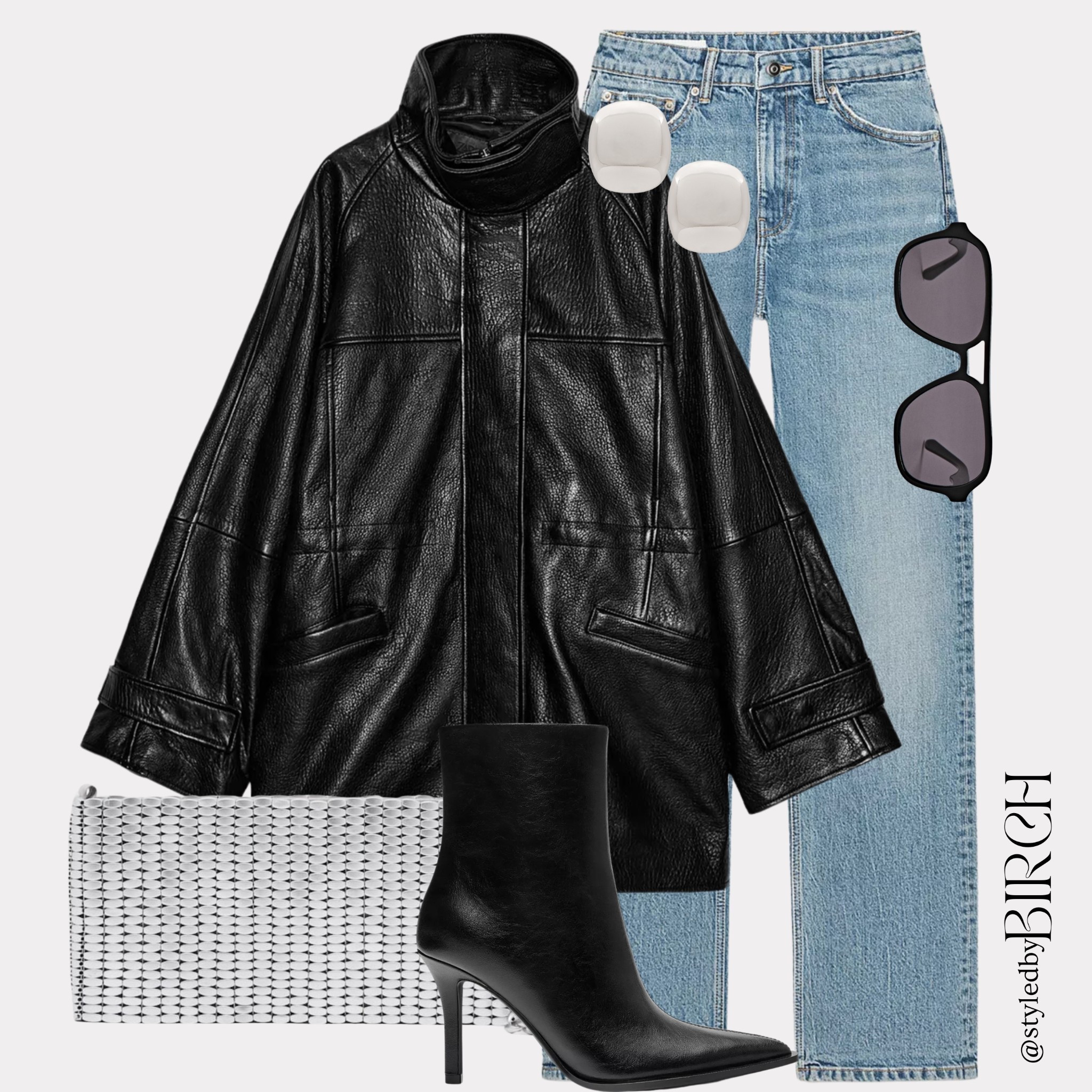 Serving full model off duty energy🖤

Oversized black leather jacket, Black turtleneck top, Light wash straight leg jeans, Black heeled ankle boots, White woven clutch bag
• Square black sunglasses
• Minimal white stud earrings

#LTKeurope #LTKwinter #LTKjeans