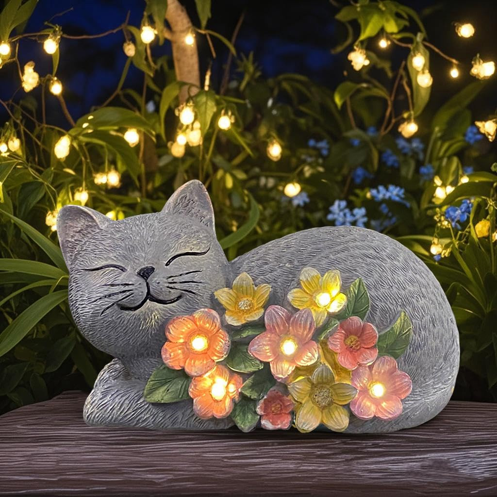 Solar Cat Outdoor Statue, Resin Solar Cat Lights with Flower for Outside, Garden Cats Figurine fo... | Amazon (US)