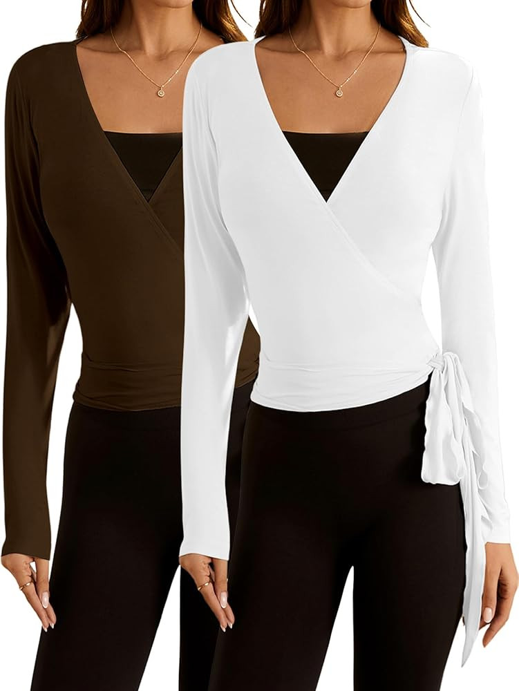 SweatyRocks Women's 2 Pack Yoga Shirts Wrap Ruched Tie Front Long Sleeve Workout T Shirts | Amazon (US)