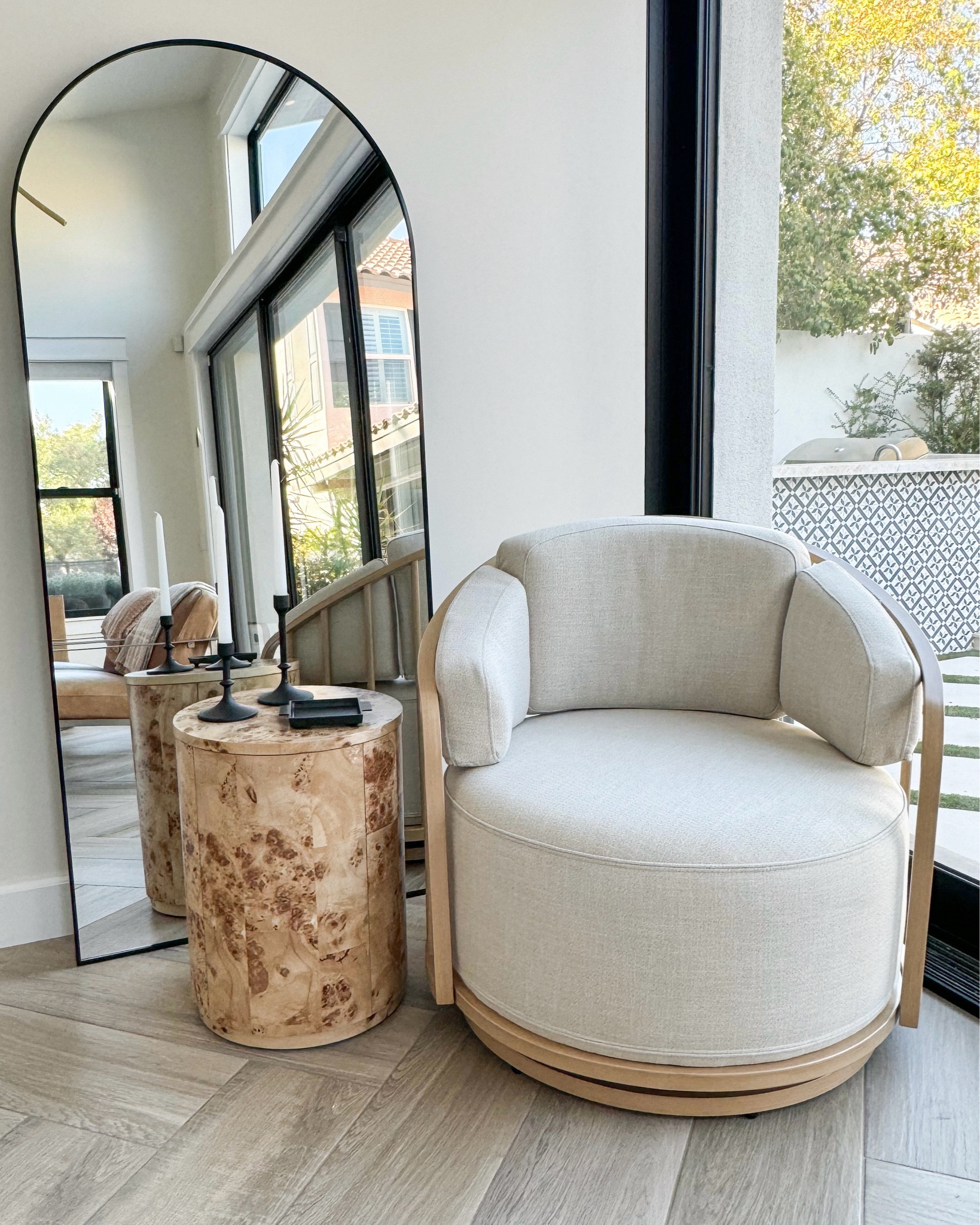 Can’t believe this is Walmart! This swivel chair is beautiful! I love the cushion and the open design of the chair…bonus it swivels. This side table fabulous and comes assembled! An arched floor mirror is a must! This one has a nice thick edge, and an attached stand to be able to freely stand wherever, or can be leaned against a wall. @walmart #walmartpartner #walmarthome

#LTKStyleTip #LTKOver40 #LTKHome