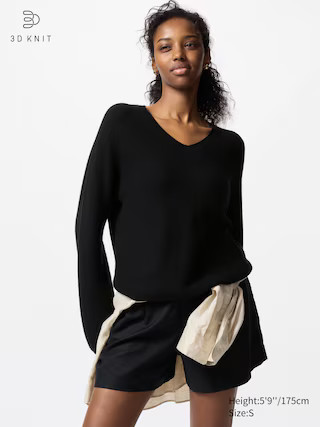 Women's 3D Knit Cotton Relaxed Sweater V-Neck Black 2XL UNIQLO US | UNIQLO (US)