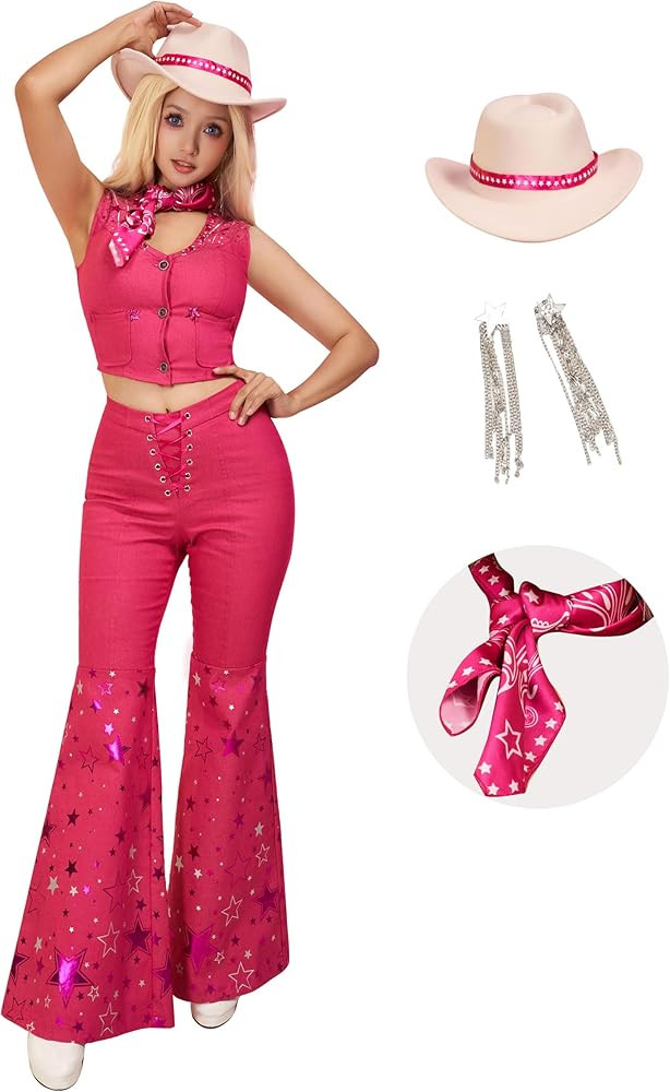 Cosplay.fm Cowgirl Costume Outfit Women 70s 80s Hippie Disco Costume Vest Pants with Cowboy Hat S... | Amazon (US)