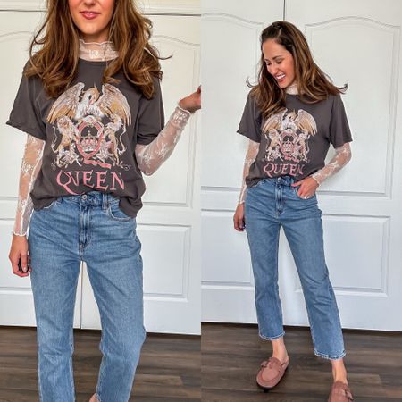 Abercrombie straight leg denim with graphic t shirt layered over a white lace top 

Spring outfit // band tee outfit // ankle straight jeans // sheer lace shirt 

#LTKstyletip #LTKSeasonal #LTKfindsunder100