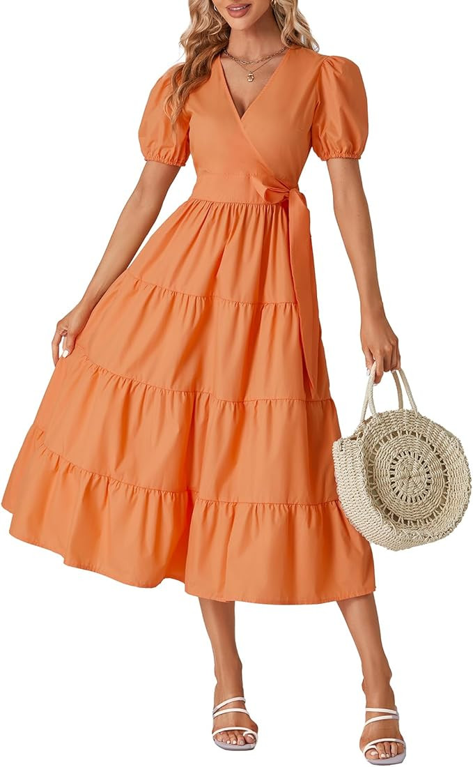 LYANER Women’s Wrap V Neck Puff Short Sleeve Tie Waist A Line Tiered Beach Midi Dress Orange Me... | Amazon (US)