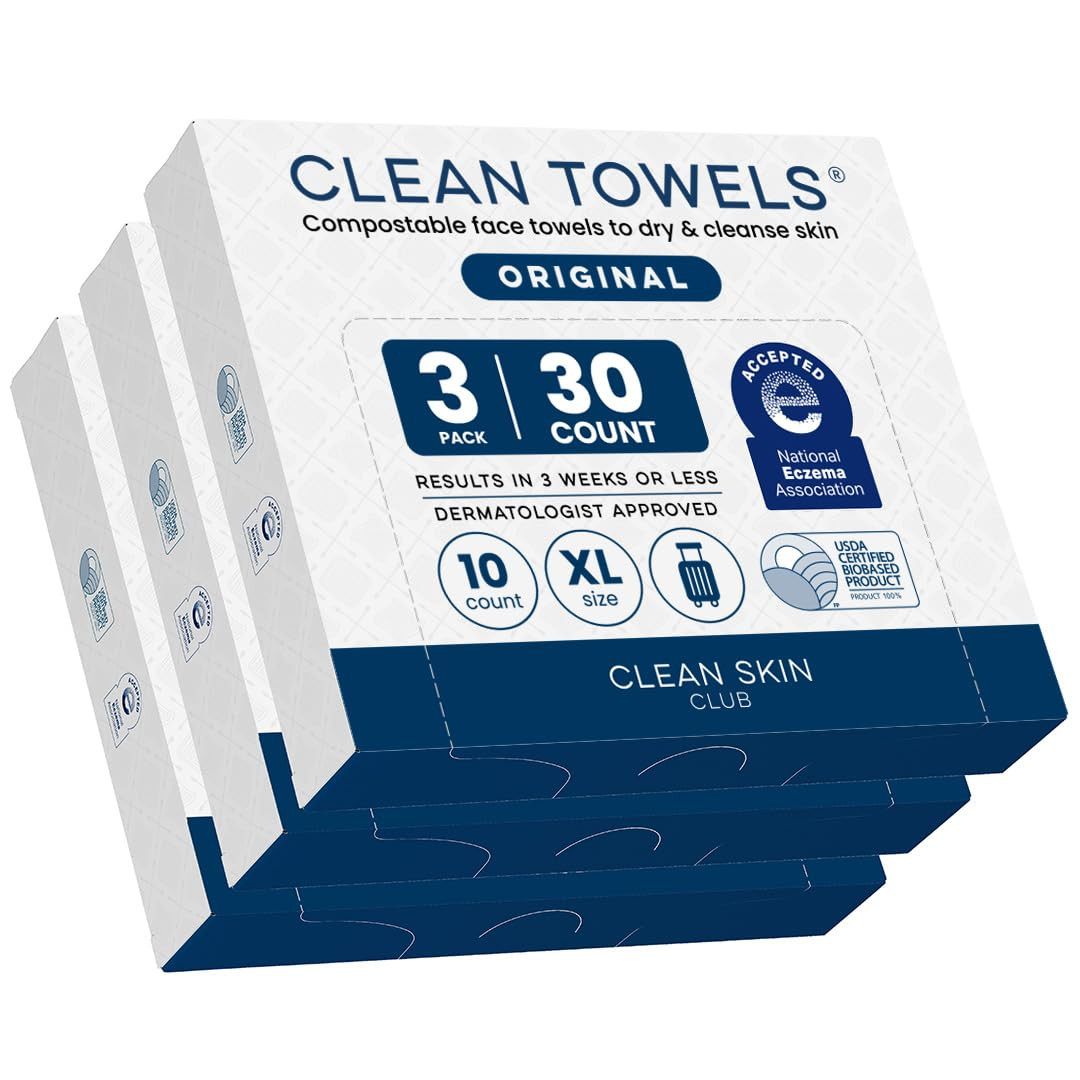 Clean Skin Club Clean Towels XL, 100% USDA Biobased Dermatologist Approved Face Towel, Disposable Clinically Tested Face Towelette, Facial Washcloth, Makeup Remover Dry Wipes, 3 Travel Pack, 30 ct | Amazon (US)