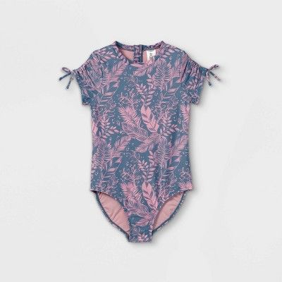 Girls' Leaf Print Short Sleeve Back-Zip One Piece Rash Guard Swimsuit - art class™ Lilac | Target