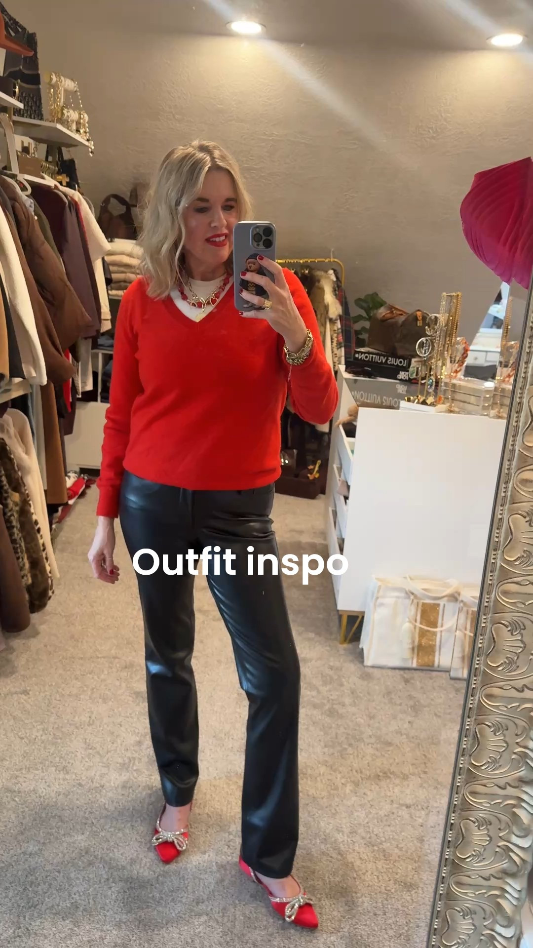 ❤️❤️❤️
Pieces you’ll love and wear on repeat..

Red v neck cashmere sweater
Mine is Pure cashmere (it’s a high end brand) I’ll link my favorite great prices cashmere by quince fits TT size and I have a discount code 
Quince
⚠️promo code:: INFG-25DARCY10 (new customers will receive 10% off their first purchase

Pumiey long sleeve crew neck shirt tts 

Necklace by Allie and Bess 
⚠️Use code DARCY20 
For 20% off 

Black leather pants NYDJ tts
In a 4

Gold stud earrings Jenny bird 

Red satin and bling shoes tts 

Thrive lip crayon is my lipstick 



#LTKWorkwear #LTKootd #LTKValentine

#LTKootd #LTKWorkwear #LTKgrwm