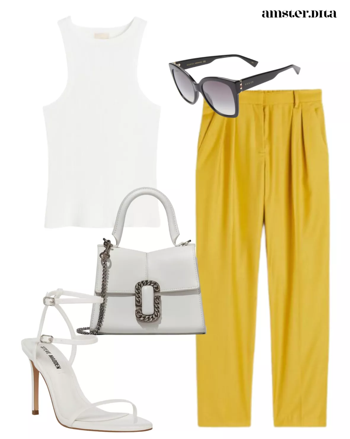 summer business casual summer outfit white pants yellow tank gucci