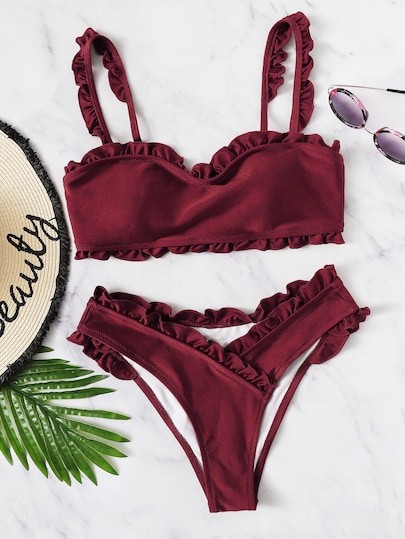 Frill Trim Top With High Cut Bikini | SHEIN