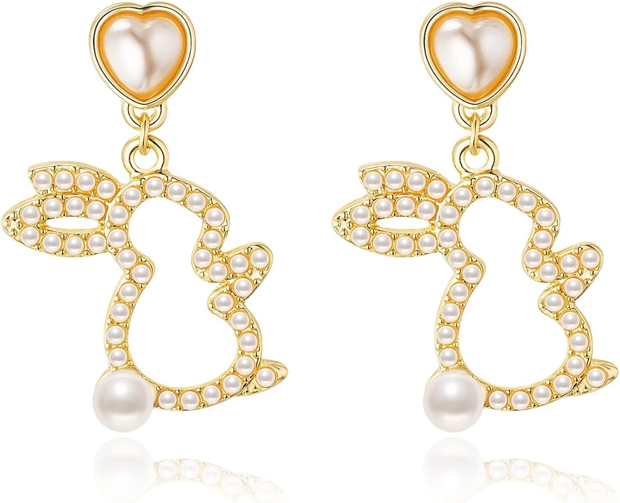 Pearl Bunny Easter Earrings, Fashionable Statement Earrings for Women & Girls, Sparkling CZ Bunny... | Amazon (US)