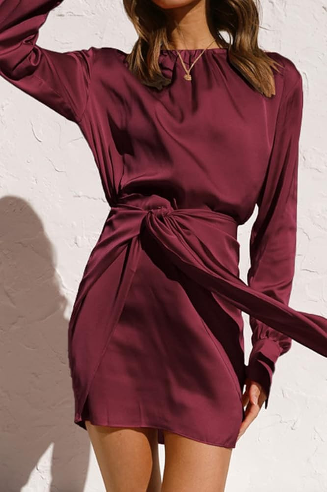 BTFBM Women Casual Long Sleeve Ruched Wrap Dress Crew Neck Tie Waist Short Dresses Solid Party Dr... | Amazon (US)