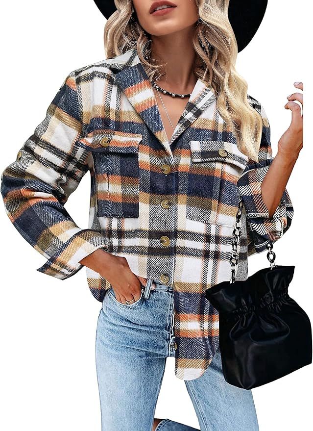 GRAPENT Womens Plaid Flannel Shacket Jacket Button Down Shirt Jackets Long Sleeve Coats | Amazon (US)