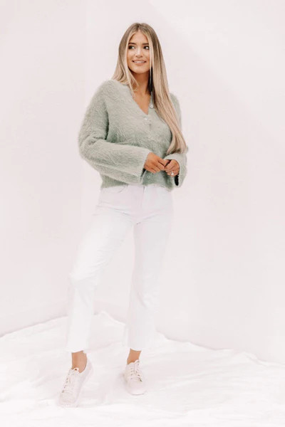 Sage Fuzzy Button Down Cardigan | Lane 201 Boutique