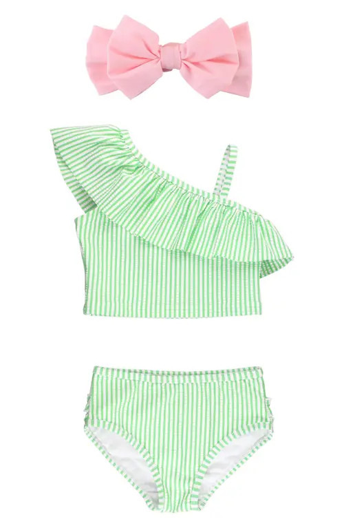 RuffleButts Kids' Seersucker Two-Piece Swimsuit & Headband Set in Green at Nordstrom, Size 3T | Nordstrom