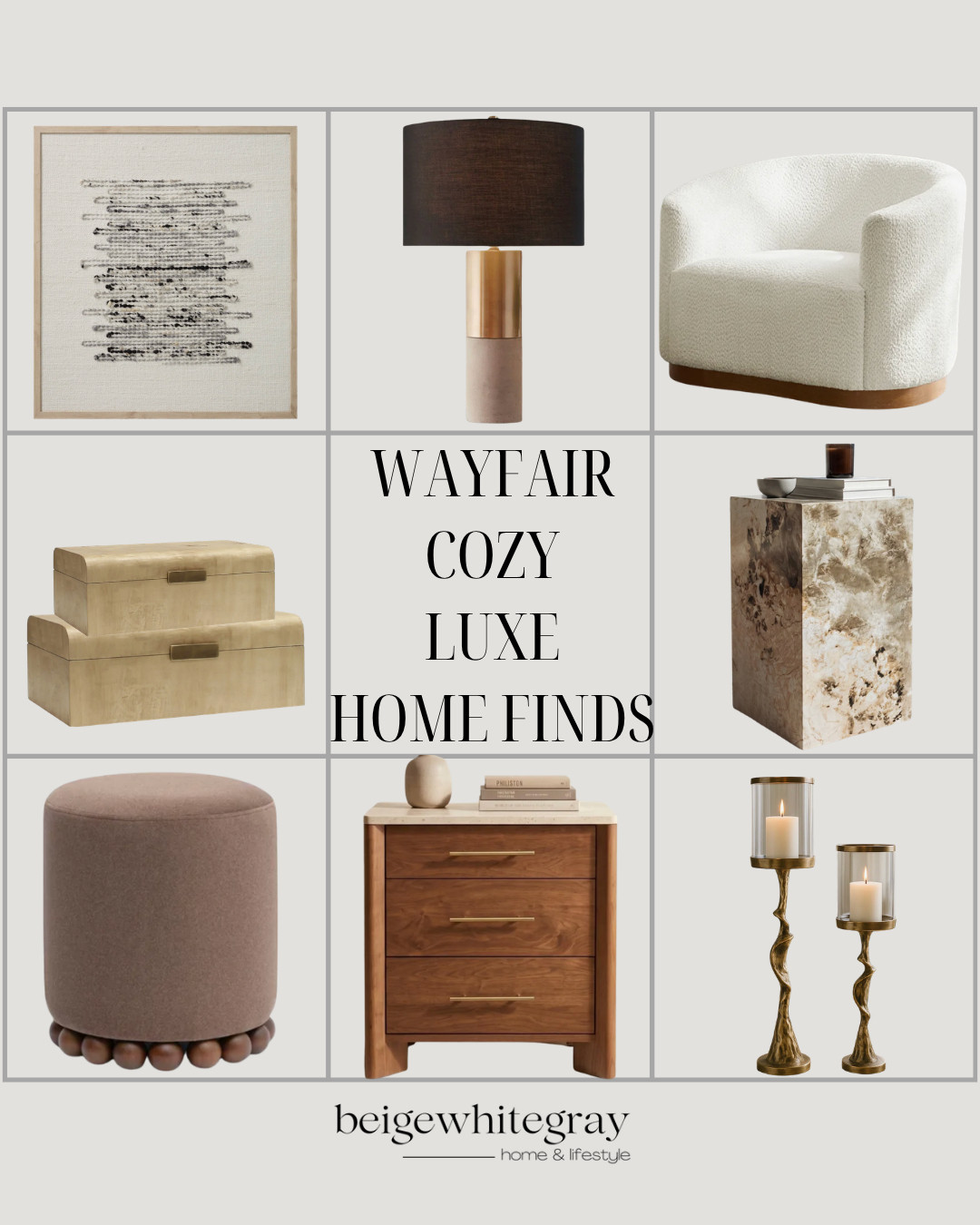 Wayfair home decor, Wayfair home finds, cozy luxe decor, luxury home decor, neutral home decor, designer inspired furniture, modern organic decor, boucle accent chair, upholstered ottoman, wood nightstand, marble side table, decorative storage boxes, brass table lamp, brass candle holders, neutral wall art, warm wood furniture, elevated home decor, cozy modern interiors, sophisticated home decor, affordable luxury furniture, transitional home decor, Wayfair furniture finds

#LTKHome
