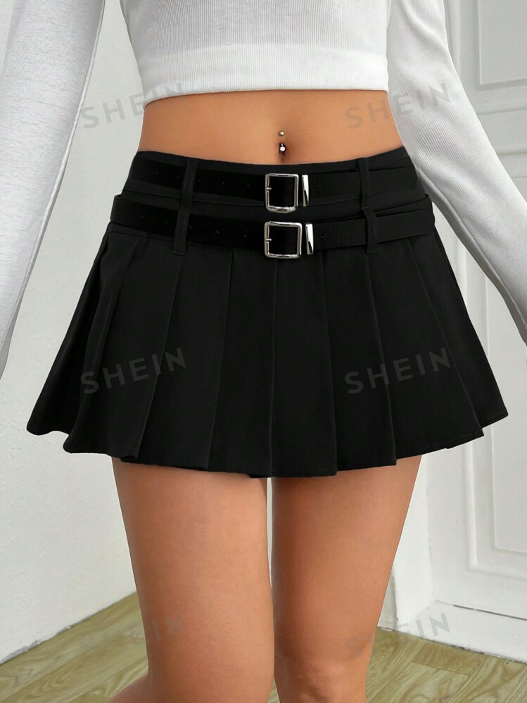 SHEIN EZwear Women's Black Double Belt Design Versatile Pleated Mini Skirt | SHEIN | SHEIN