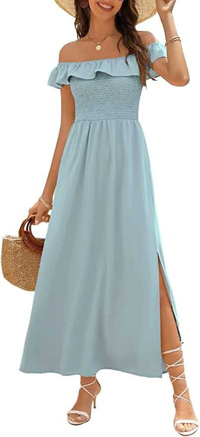 Zattcas Womens Off The Shoulder Ruffle Party Dress Smocked Side Split Summer Beach Maxi Dress | Amazon (US)