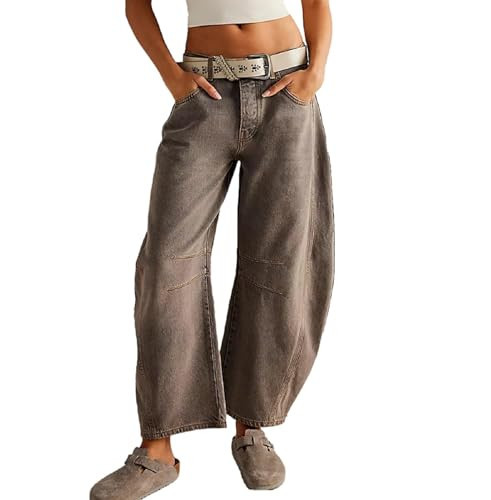 Rvnsu Women Loose Cropped Jeans,Baggy Mid Rise Jeans Vintage Barrel Jeans Boyfriend Denim Pants Y2k Clothes (Small,Chic Brown) | Amazon (US)