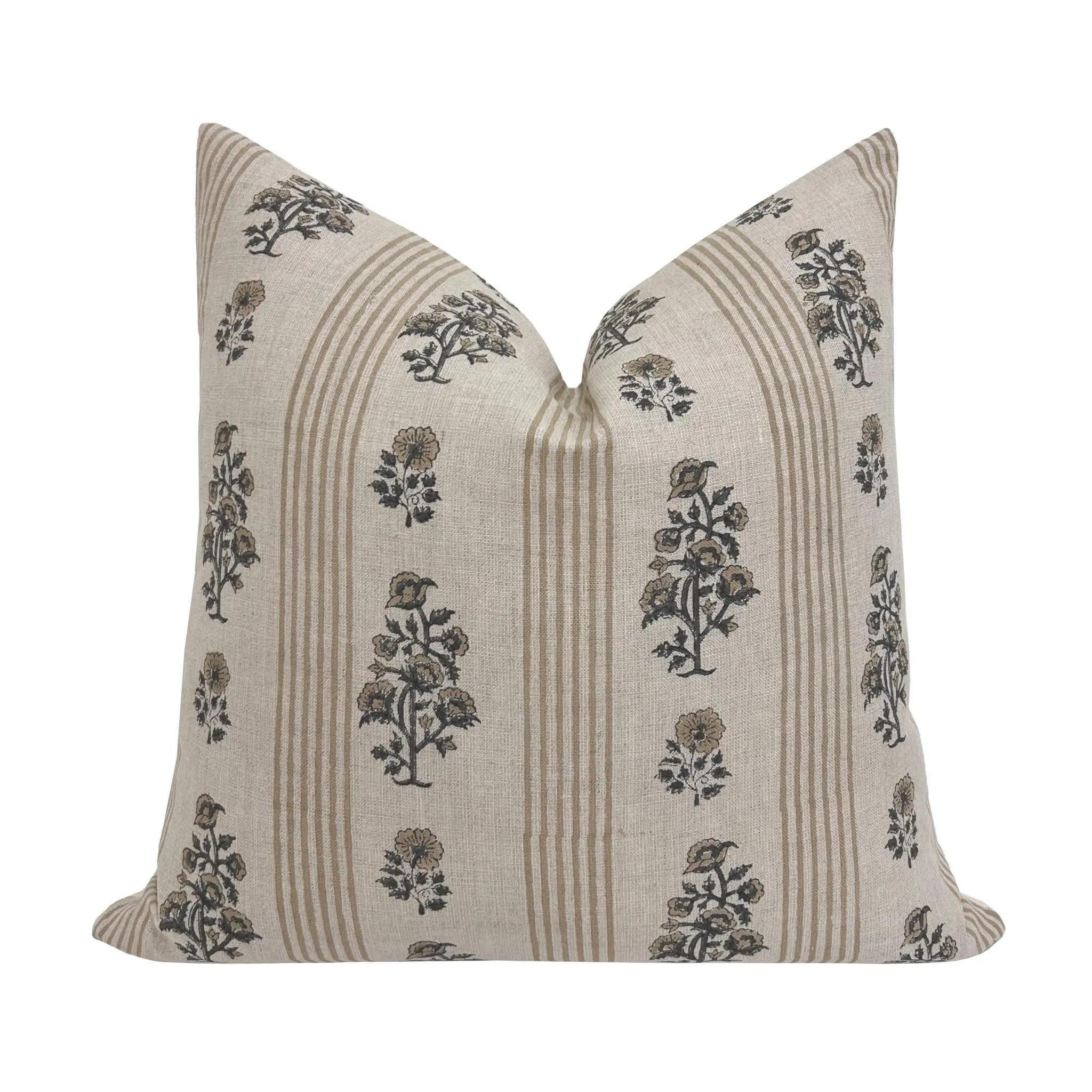 WREN || Designer Floral Linen Pillow Cover, Beige and Green Floral Pillow Cover, Block Print Linen Pillow, Striped Floral Pillow | Etsy (Global)