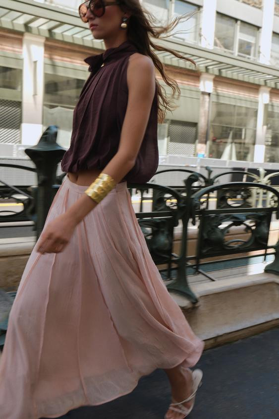 SEMI-SHEER TOPSTITCHED MIDI SKIRT | Zara US