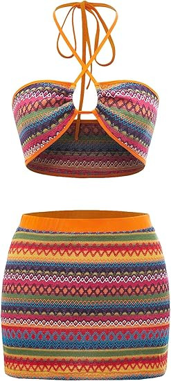 MakeMeChic Women's Boho Knitted 2 Piece Outfits Geo Print Tie Back Halter Crop Top and Bodycon Mi... | Amazon (US)