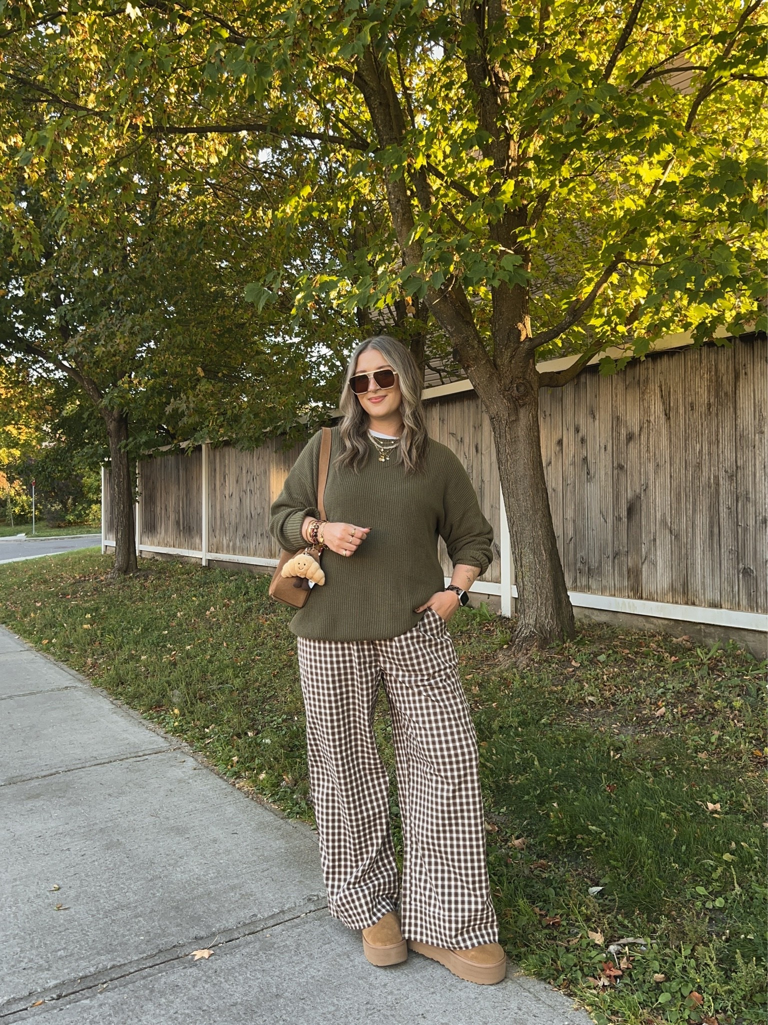 Fall ootd! Wearing L in the sweater, Canadian link under similar products. Wearing M in the plaid pants. I’m a 9.5-10 shoe and wear a 10 in the Uggs