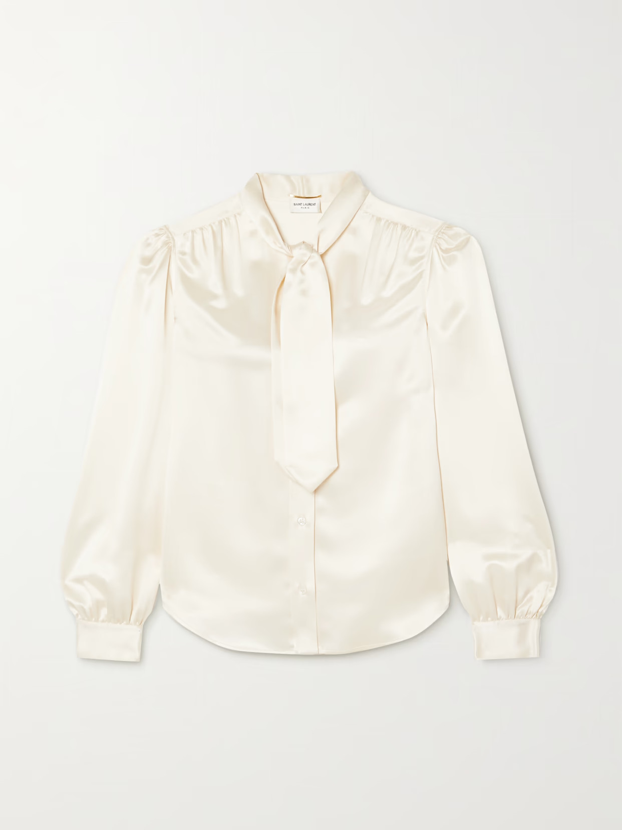 SAINT LAURENT - Cropped Pussy-bow Silk-charmeuse Blouse - Cream | NET-A-PORTER (UK & EU)