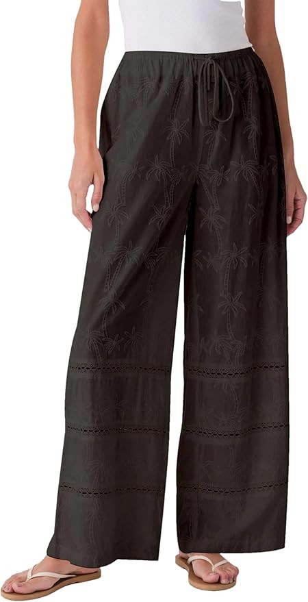 Women's Wide Leg Pants Casual Drawstring Elastic Waist Lace Palazzo Pants with Pockets | Amazon (US)