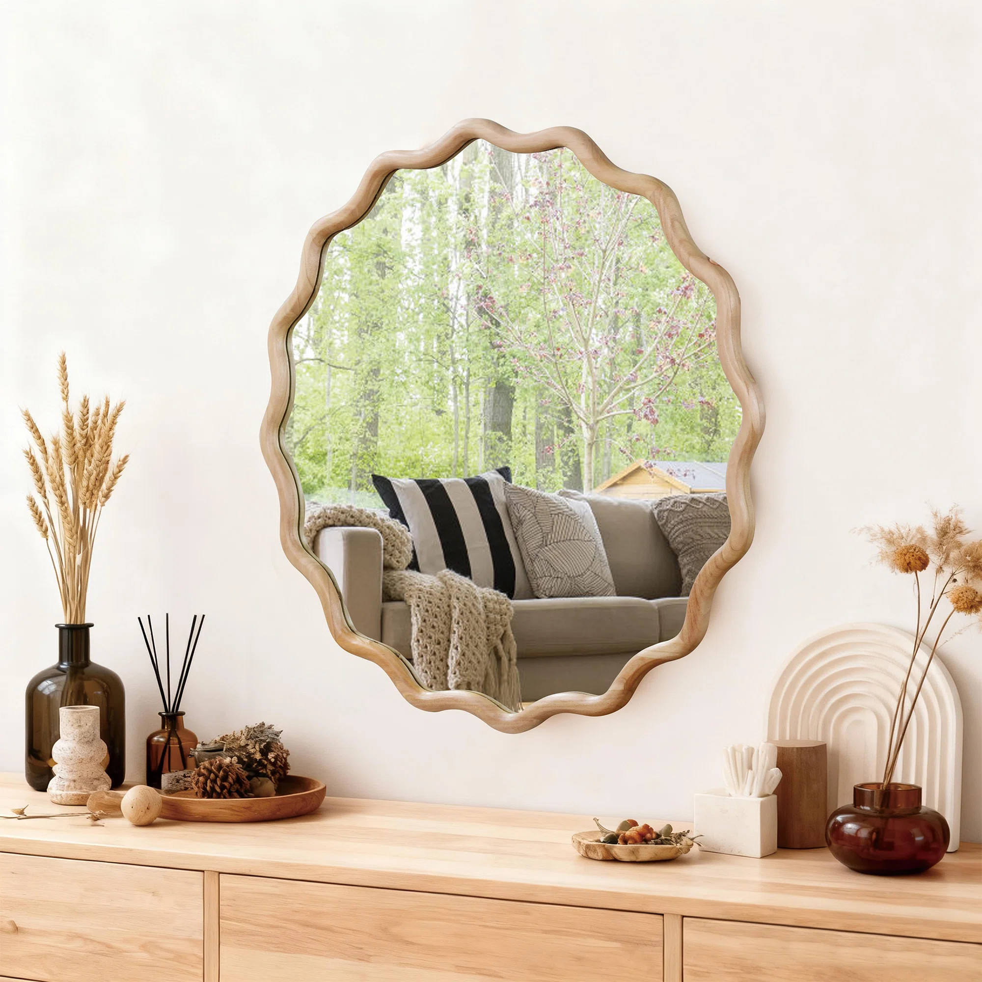 Wavy Round Solid Wood Frame Decorative Mirror For Bedroom, Bathroom, Living Room, Entryway | Wayfair North America