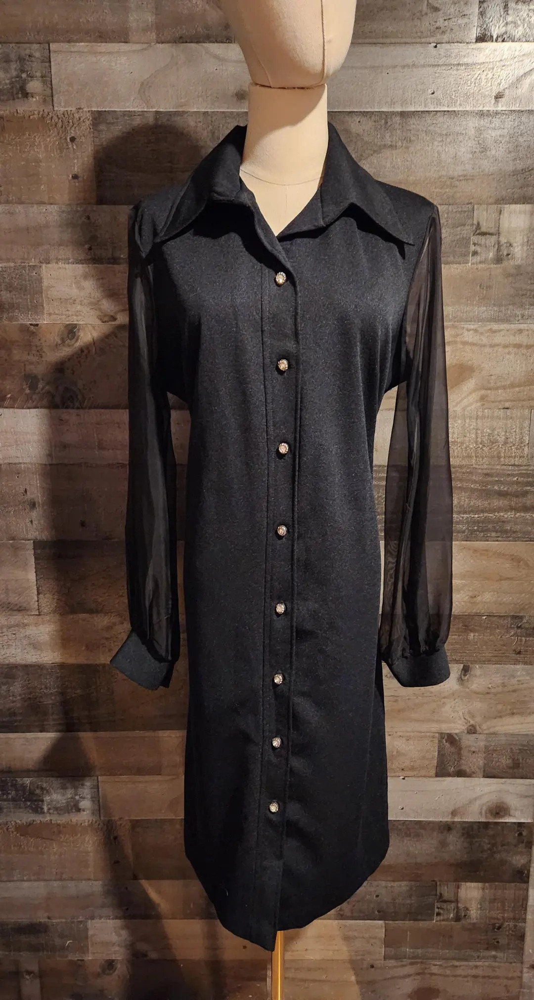 Vintage 1970's Dress | Black Shirt Dress With Rhinestone Buttons - Etsy | Etsy (US)