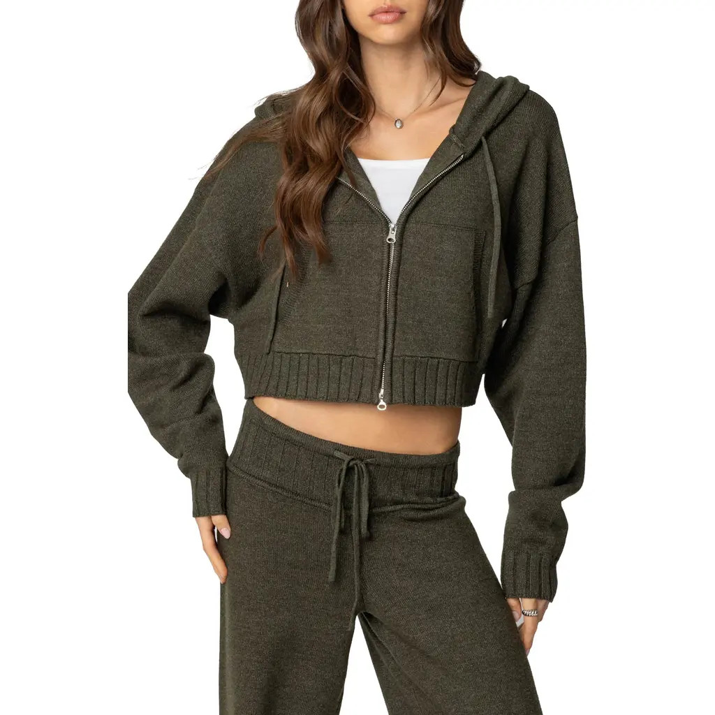 EDIKTED Russell Crop Hooded Zip Sweater in Olive at Nordstrom, Size Medium | Nordstrom