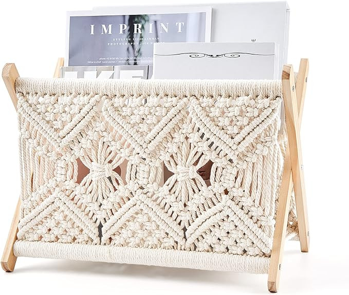 Mkono Macrame Magazine Rack Boho Magazine Holder Storage Standing Basket for Books, Newspapers, S... | Amazon (US)