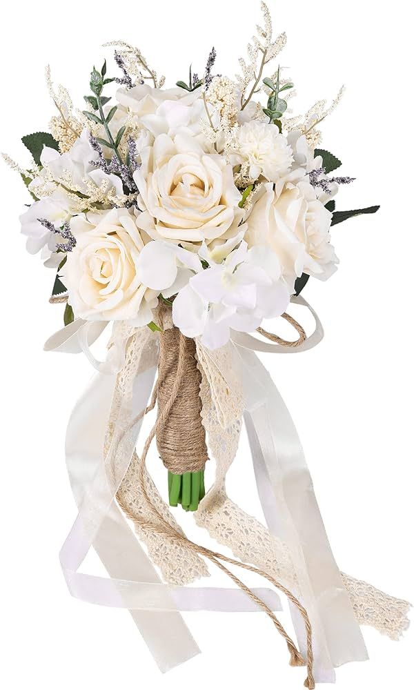 CEWOR Wedding Bouquets for Bride Bridesmaid, White Champagne Artificial Roses Flowers Wedding Dec... | Amazon (US)