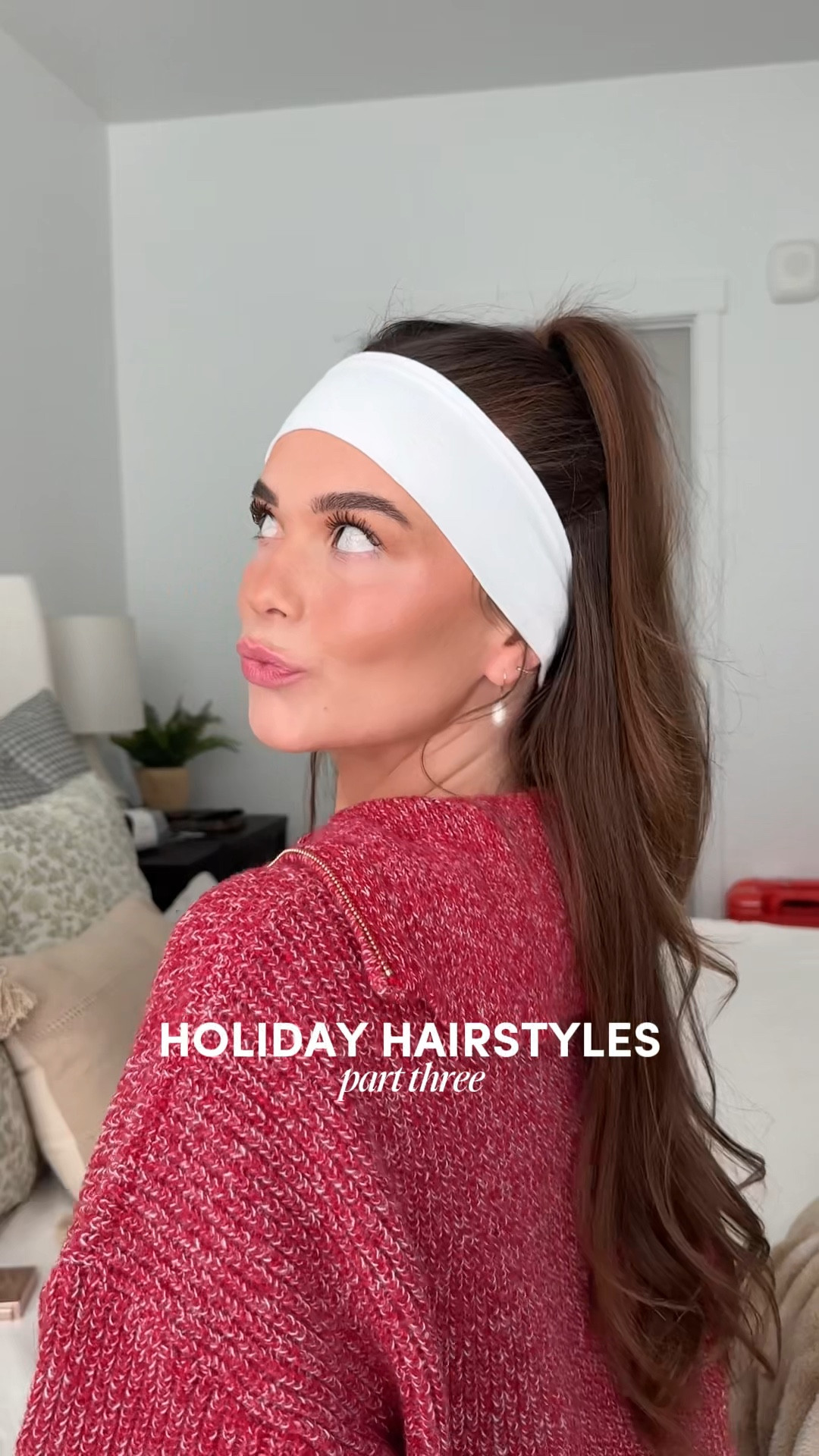 jewel tone red sweater, white headband, earring details 