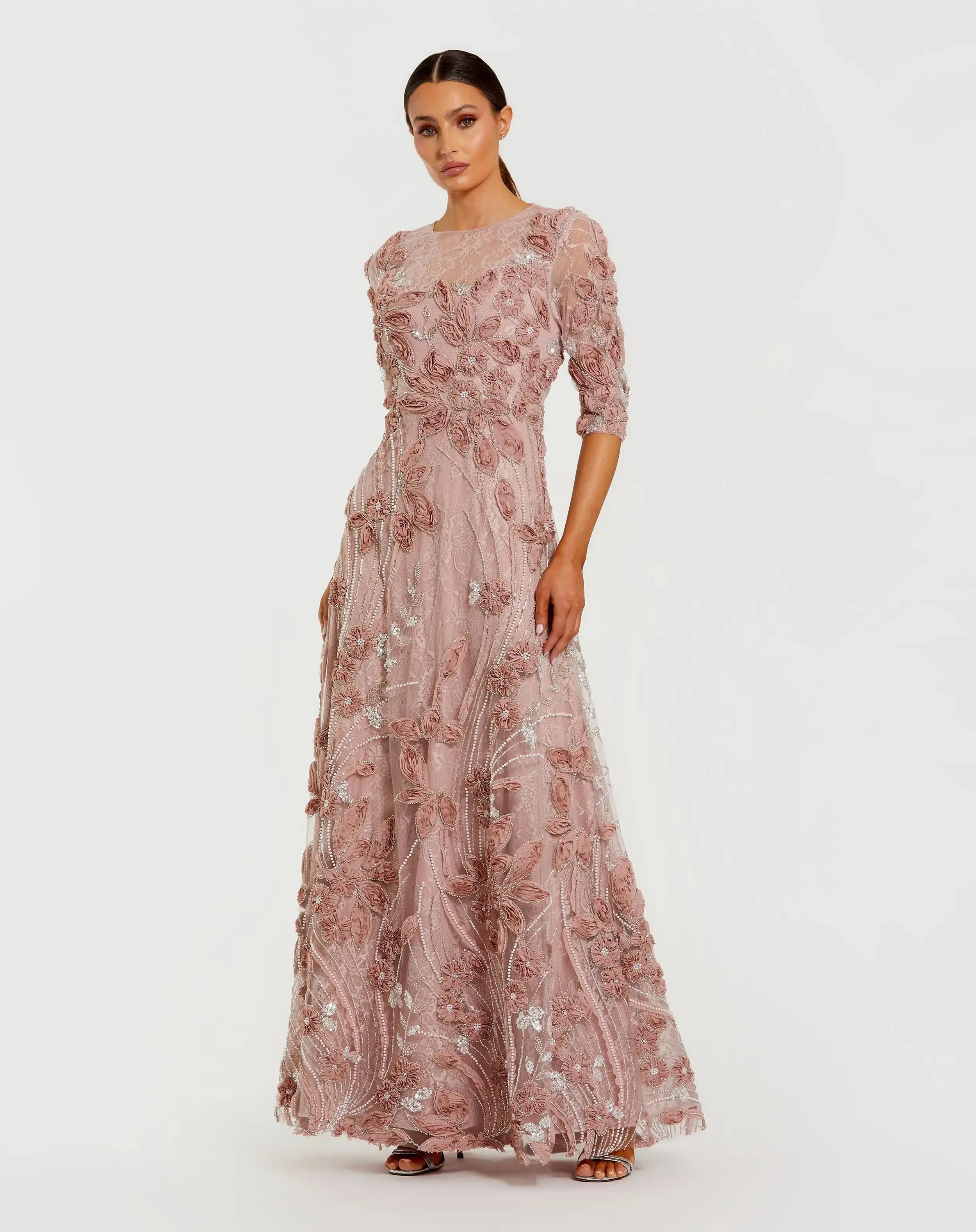 Pink High Neck Embellished Lace Gown with 3/4 Sleeves | Mac Duggal | Mac Duggal