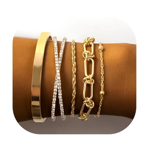 Gold Bracelets for Women, Exquisite 18K and 14K Real Gold-Plated Bracelet Stacking Sets, Waterproof Cuban Chains, Paperclip Chain , Cuff Bangles, Non Tarnish,Jewelry Gifts for Women (18Kzuan5) | Amazon (US)