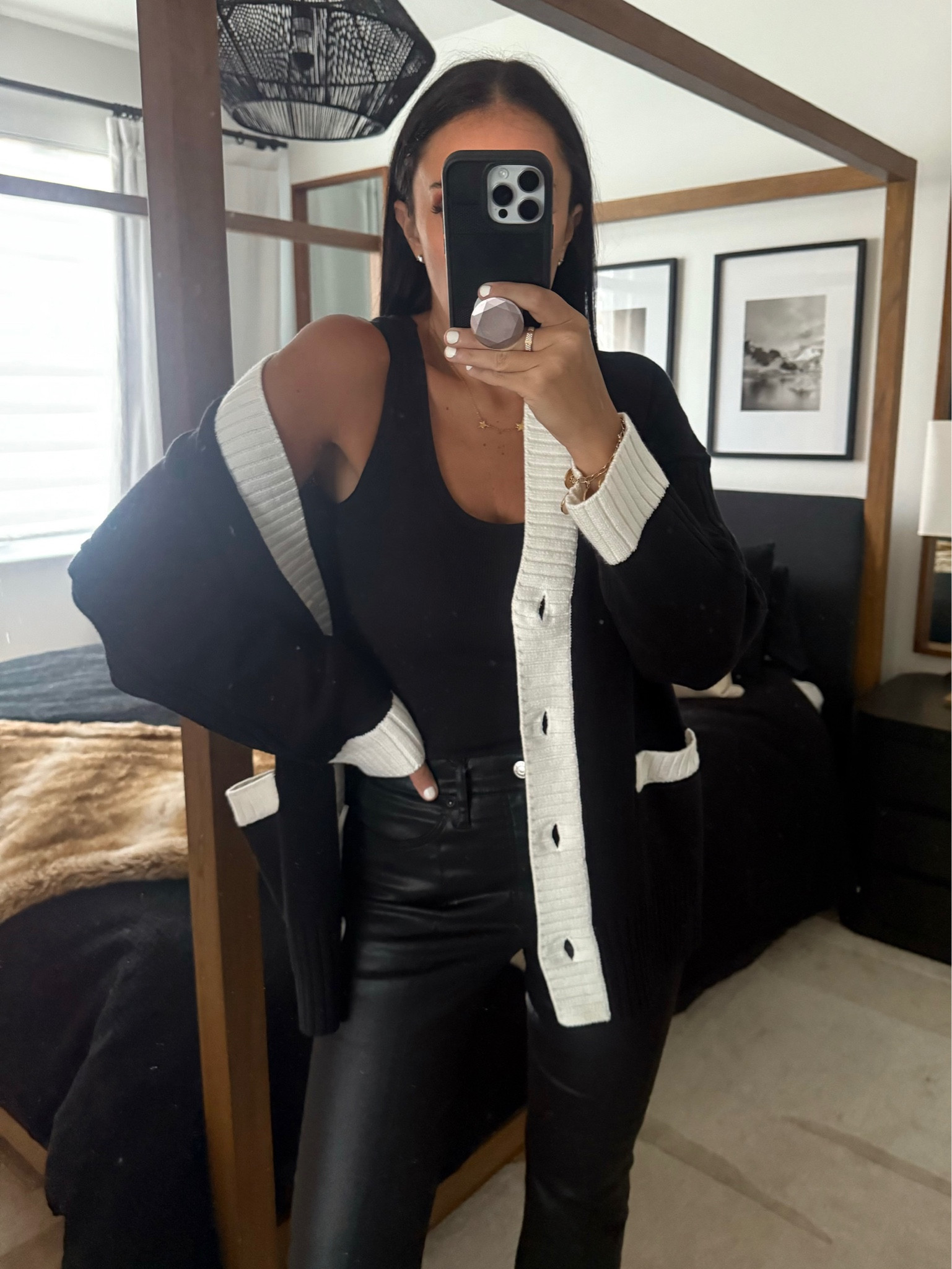 Tipped Tunic Cardigan. High Waisted Black Coated Split Asymmetrical Seam Cropped Flare Jeans
