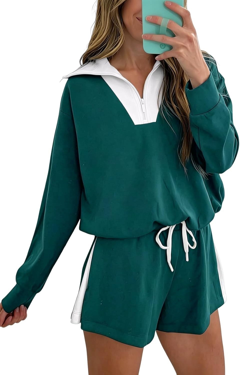 Fisoew Womens 2 Piece Outfits Quarter Zip Sweatshirt Shorts Sets Sweatsuits | Amazon (US)